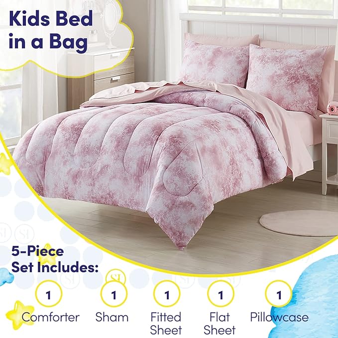 Kids Bedding Set Bed in a Bag for Boys and Girls Toddlers Printed Sheet Set and Comforter, Twin, Waterbury Marble (Pack of 4)