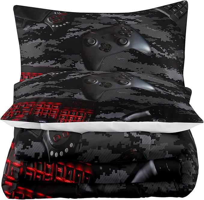 Tailor Shop Gaming Comforter Set Twin Size for Boys, Black Camouflage Gamer Bedding Sets for Boys Kids Teenage, All Season 2 Piece Gaming Bed Set with 1 Comforter and 1 Matching Pillowcase