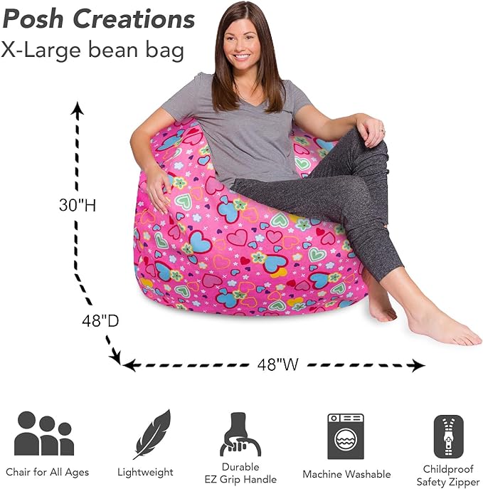 Posh Creations Bean Bag Chair for Kids, Teens, and Adults Includes Removable and Machine Washable Cover, Canvas Multi-Colored Hearts on Pink, 48in - X-Large