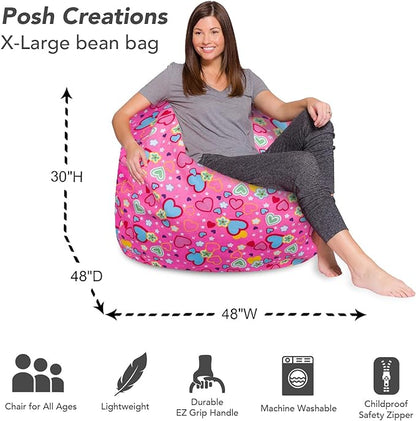 Posh Creations Bean Bag Chair for Kids, Teens, and Adults Includes Removable and Machine Washable Cover, Canvas Multi-Colored Hearts on Pink, 48in - X-Large