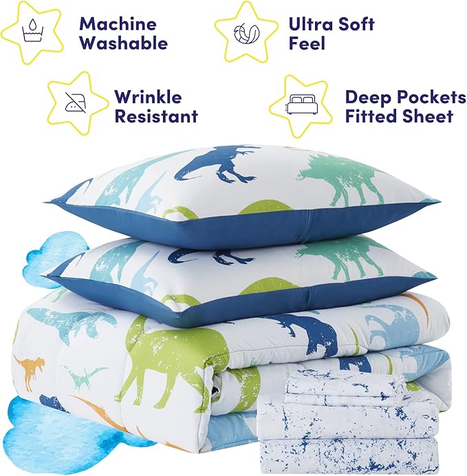 Kids Bedding Set Bed in a Bag for Boys and Girls Toddlers Printed Sheet Set and Comforter , Full, Dinosaur
