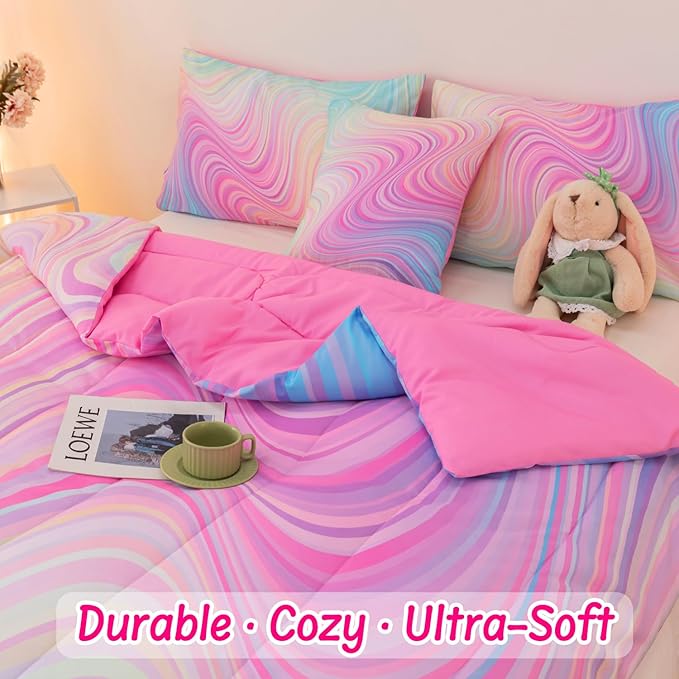 4 Pcs Pink Twin Comforter Set for Girls, Tie Dye Superior Kids Teen Bedding Sets, Blue Pink Rainbow Twin Size Bedding Set for Girls