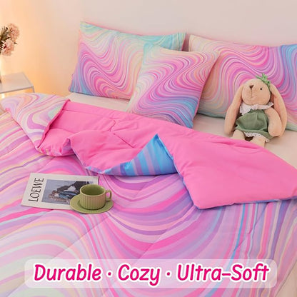 4 Pcs Pink Twin Comforter Set for Girls, Tie Dye Superior Kids Teen Bedding Sets, Blue Pink Rainbow Twin Size Bedding Set for Girls