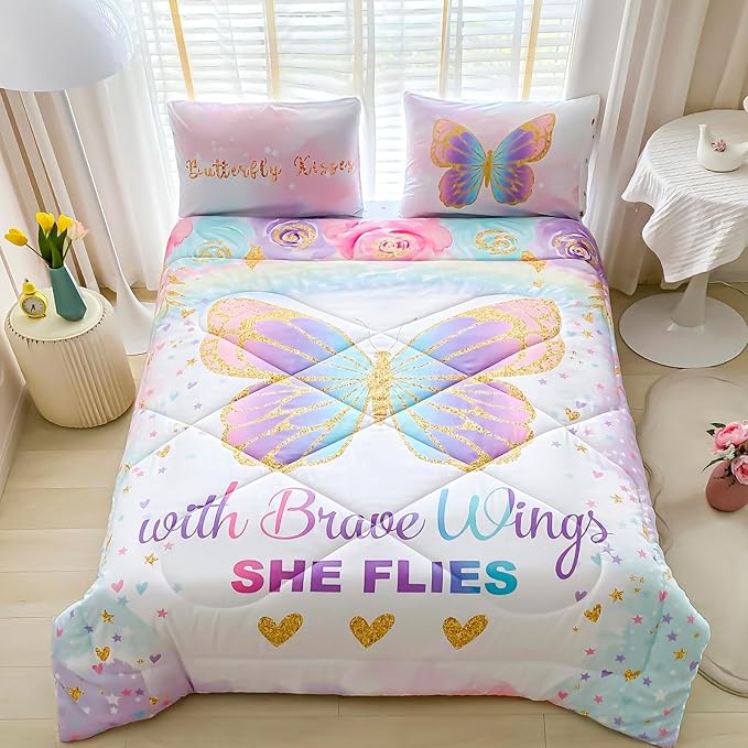 Twin Size Comforter Set for Girls, 5-Piece Bed in a Bag, 3D Colorful Butterfly Bedding Comforter Sheet Set, Ultra Soft and Fluffy, Pink & Rainbow Color