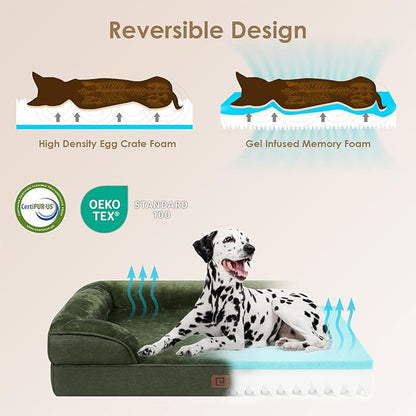 EHEYCIGA Orthopedic XL Dog Beds, Waterproof Memory Foam Dog Bed for Extra Large Dogs, Non-Slip Bottom and Egg-Crate Foam Big Dog Couch Bed with Washable Removable Cover, Dark Green