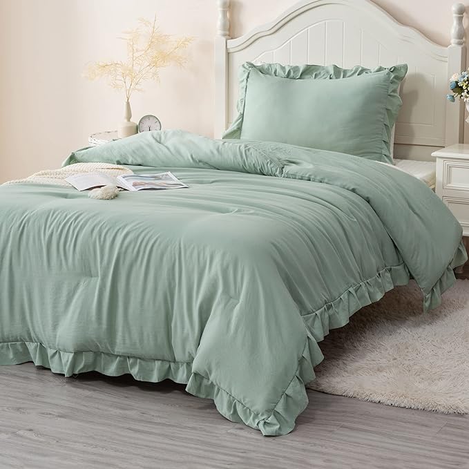 Andency Sage Green Twin Comforter Set, 2 Pieces Kids Ruffle Comforter Set Twin(66x90Inch), Farmhouse Shabby Chic Comforter Set, Soft Microfiber Kids Bedding Set