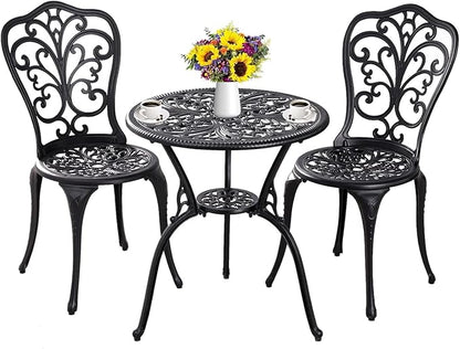 Outdoor Bistro Set 3 Piece Patio Bistro Set, Cast Aluminum Bistro Table and Chairs Set of 2, Small Patio Table Set for Porch, Black