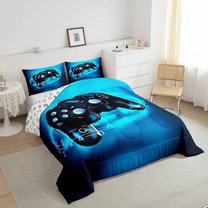 Feelyou Queen Size Gaming Comforter Set for Boys Gamer Bedding Set for Teens Kids Gamer Room Decor Blue Video Games Comforter Duvet Set Gamepad Quilted All Season 1 Comforter with 2 Pillow Cases