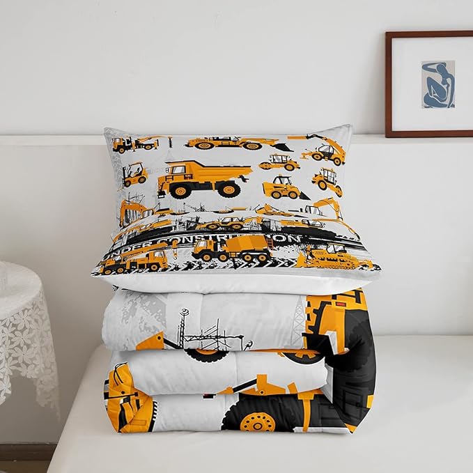 Under Construction Comforter Set Vehicles Truck Car Bedding Set for Kids Boys Girls Children Cartoon Excavator Comforter Room Decor Machinery Bulldozer Crane Duvet Set Full Size