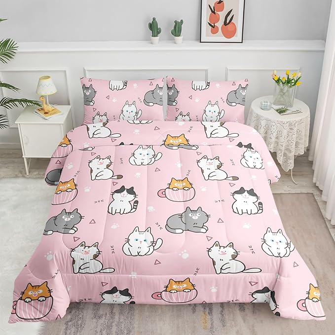 Datura home Pink Kawaii Cat Comforter Bedding Set for Girls Lovely Kitten Print Cute Animal Pattern with 1 and 2 Pillowcases Bedroom All Season(Cat Twin), Twin 68x86inches