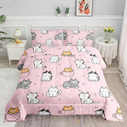 Datura home Pink Kawaii Cat Comforter Bedding Set for Girls Lovely Kitten Print Cute Animal Pattern with 1 and 2 Pillowcases Bedroom All Season(Cat Twin), Twin 68x86inches