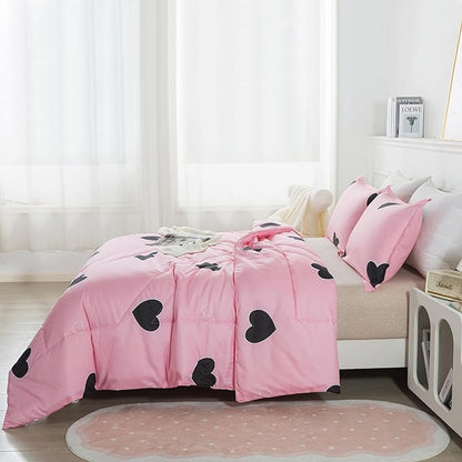Love Pattern Girls Pink Comforter Set King Size, Blush Pink Cute Love Heart Sexy Comforter Bedding Set for All Seasons, Soft Microfiber 3 Pieces Comforter Set with Pillowcases