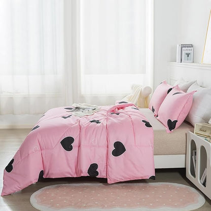 Love Pattern Girls Pink Comforter Set Full Size, Blush Pink Cute Love Heart Sexy Comforter Bedding Set for All Seasons, Geometric Microfiber 3 Pieces Comforter Set with Pillowcases