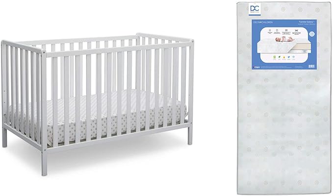Delta Children Heartland 4-in-1 Convertible Crib, Bianca White + Delta Children Twinkle Galaxy Dual Sided Recycled Fiber Core Crib and Toddler Mattress (Bundle)