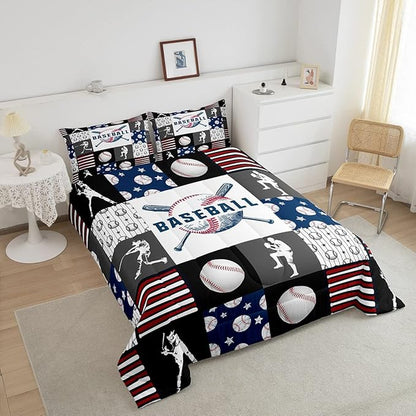 Teen Boy Sports Baseball King Bedding Set,Kids Baseball Athlete Comforter Set,Grunge Hippie Tie Dye Ball Bed Comforter Sets Room Decor Patchwork Pattern 2 Pillow Cases（Red Blue Black White Grey）