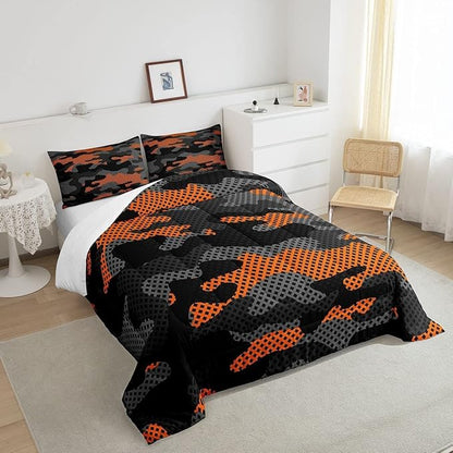 Erosebridal Army Camouflage Comforter Set King Size Teens Adult Camo Bedding Set for Kids Boys Girls Colorful Pattern Decor Down Comforter Orange Black Grey Duvet Set Geometric Pattern Quilt Set