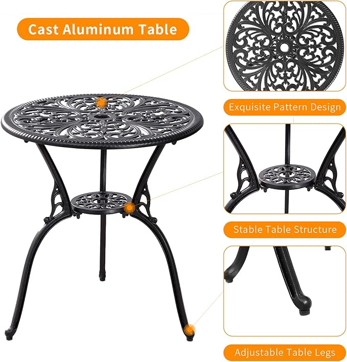 Patio Bistro Set 3 Piece Outdoor,Cast Aluminum Outdoor Bistro Table and Chair Set of 2 with 1.97" Umbrella Hole,All Weather Metal Bistro Table Set for Front Porch Set(Butterfly Black)