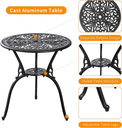 Patio Bistro Set 3 Piece Outdoor,Cast Aluminum Outdoor Bistro Table and Chair Set of 2 with 1.97" Umbrella Hole,All Weather Metal Bistro Table Set for Front Porch Set(Butterfly Black)