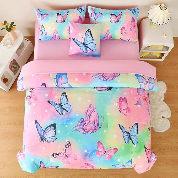 Butterfly Bedding Set Full, Pink Butterfly Comforter Set for Girls Kids Teens 6 pcs Bed in a Bag Full Bedding Sets for Girls