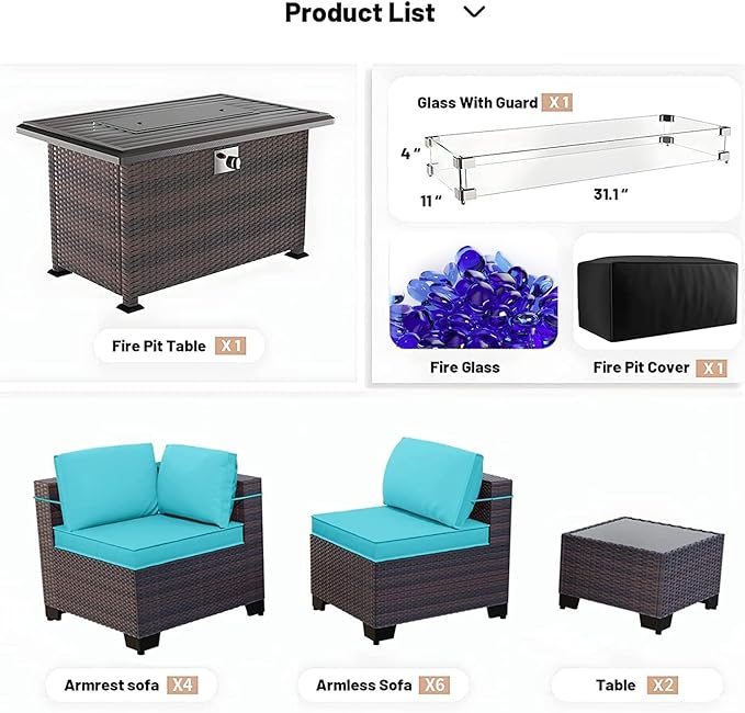 Kullavik 13PCS Outdoor Patio Furniture Set with 43" 55000BTU Gas Propane Fire Pit Table PE Wicker Rattan Sectional Sofa Patio Conversation Sets,Blue