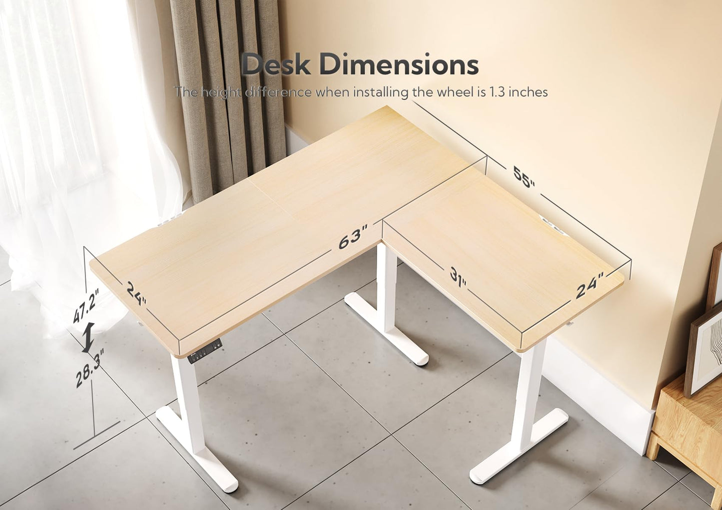 Claiks L Shaped Standing Desk Adjustable Height, Dual Motor Electric Corner Standing Desk, 63x55 inch Sit Stand up Desk with Splice Board, White