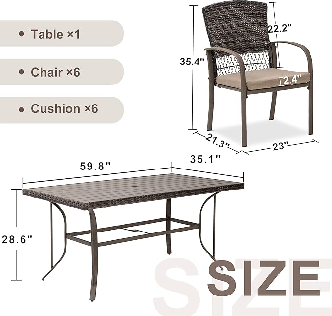 Patio Dining Set for 6, 7 PCS Patio Table & Chair Set, Metal Slatted Table with 2" Umbrella Hole, All-Weather Wicker Patio Dining Furniture with Removable Cushions for Deck, Lawn, Garden(Beige)
