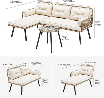 YITAHOME L-Shaped Patio Furniture Outdoor Loveseat Sectional Set for Backyard, Porch with Thick Cushions Detachable Lounger, Side Table (Light Brown+Beige)