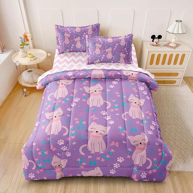 5 Piece Girls Cat Comforter Set Twin Size Bed in A Bag Pink Cute Cartoon Cats Bedding Set for Kids Teens (1 Comforter, 1 Flat Sheet, 1 Fitted Sheet, 2 Pillowcases), Purple Pink