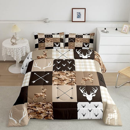 Antler Silhouette Kids Comforter Set Queen Size,Camo Brown Rustic Bedding Set,Girls Boys Adults Bedroom/Xmas Decor,Geometric Plaid Patchwork Down Comforter,Arrows Boho Duvet Insert,3pcs,2 Pillowcases
