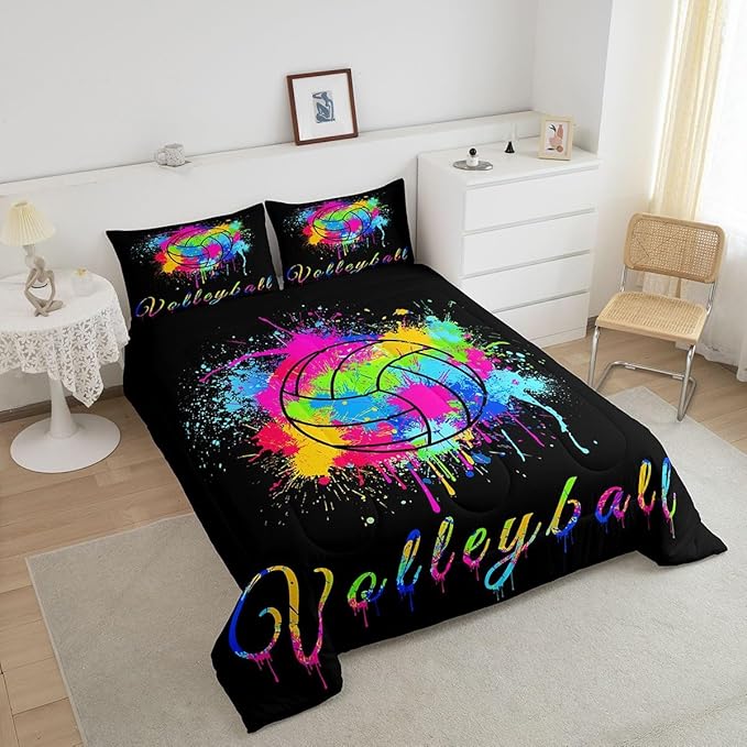 Feelyou Kids Volleyball Comforter Set Queen Size Sports Game Bedding Set for Boys Girls Teens Bedroom Decor Tie Dye Comforter Women Men Volleyball Player Duvet Set with 2 Pillow Case