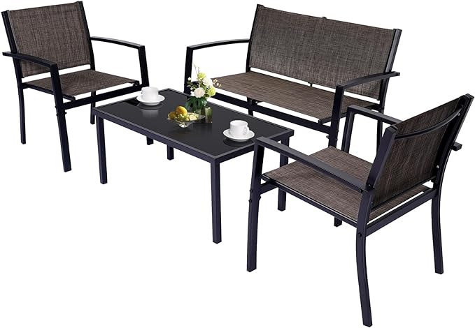 4 Pieces Patio Furniture Set Outdoor Garden Patio Conversation Sets Poolside Lawn Chairs with Tempered Glass Coffee Table Loveseat Porch Furniture Textilene Fabric Brown