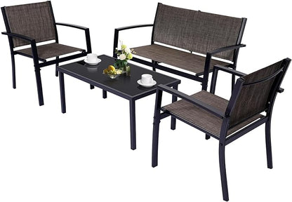 4 Pieces Patio Furniture Set Outdoor Garden Patio Conversation Sets Poolside Lawn Chairs with Tempered Glass Coffee Table Loveseat Porch Furniture Textilene Fabric Brown