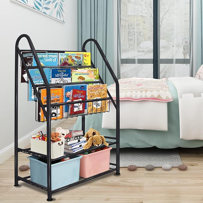 aboxoo Metal Kids Bookshelf Black Toy Chests & Organizers Large Freestanding for Children Toy Chests & OrganizersRoom 25 in Toy Organizer Large Stable Bookcase Bookstore Library Bed Living Room