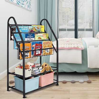 aboxoo Metal Kids Bookshelf Black Toy Chests & Organizers Large Freestanding for Children Toy Chests & OrganizersRoom 25 in Toy Organizer Large Stable Bookcase Bookstore Library Bed Living Room