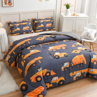 NTBED Construction Truck Comforter Set for Boys Kids Vehicles Excavator Cars Lightweight Microfiber Bedding Sets (Grey, Twin)