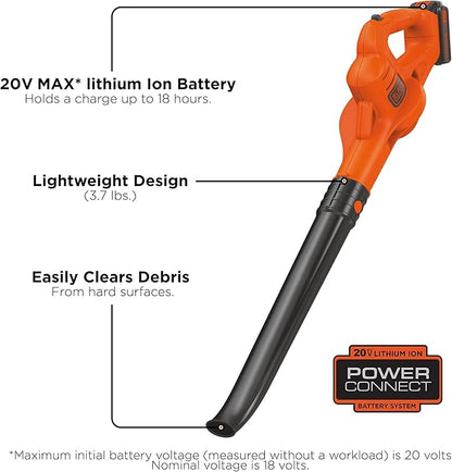 BLACK+DECKER 20V MAX Cordless Leaf Blower, Lawn Sweeper, 130 mph Air Speed, Lightweight Design, Battery and Charger Included (LSW221)