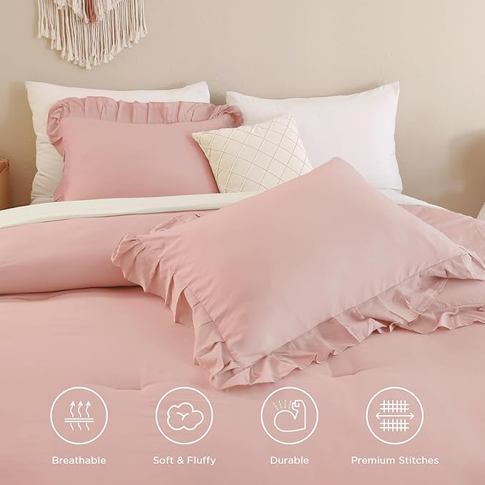 Andency Blush Pink Ruffle Comforter Queen, 3 Pieces Rustic Farmhouse Shabby Chic Comforter, All Season Soft Microfiber Down Alternative Bedding Comforter Set