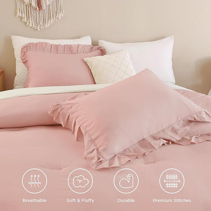 Andency Blush Pink Ruffle Comforter King, 3 Pieces All Season Farmhouse Shabby Chic Comforter, Vintage Rustic Soft Microfiber Down Alternative Bedding Comforter Set