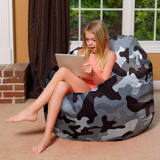 Posh Creations Bean Bag Chair for Kids, Teens, and Adults Includes Removable and Machine Washable Cover, Soft Nylon - Camo Gray and White, 48in - X-Large