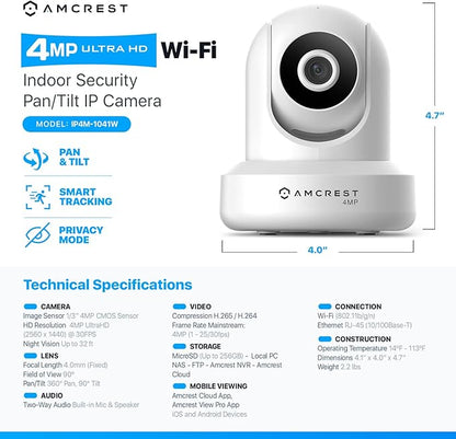 Amcrest 4MP ProHD Indoor WiFi, Security IP Camera with Pan/Tilt, Two-Way Audio, Night Vision, Remote Viewing, 4-Megapixel @30FPS, Wide 90° FOV, IP4M-1041W (White)