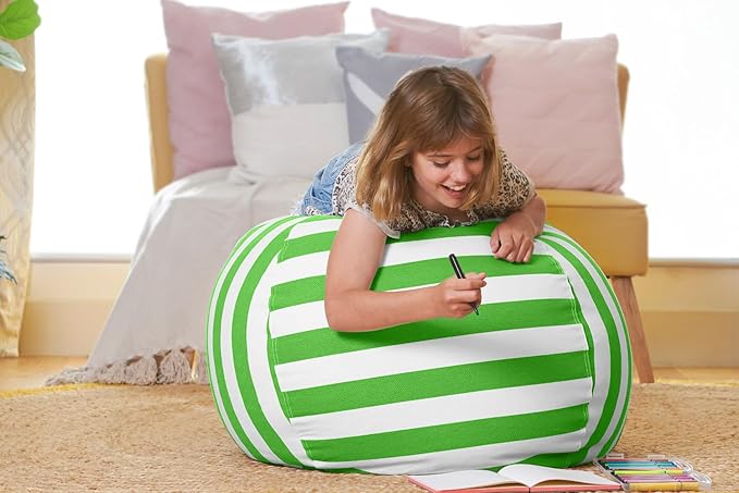 Aubliss Stuffed Animal Bean Bag Storage Chair, Beanbag Covers Only for Organizing Plush Toys, Turns into Bean Bag Seat for Kids When Filled, Medium 32"-Canvas Stripes Green/White