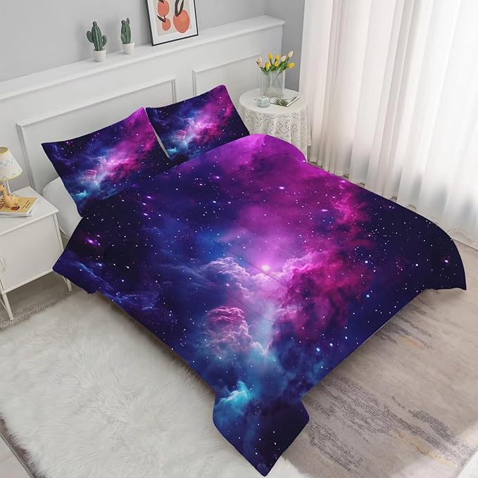 Galaxy Comforter Sets Queen Size Purple Outer Space Bedding Set for Teen Girls Boys Kids Children Bedroom Dorm Quilt 1 Comforter + 2 Pillow Cases
