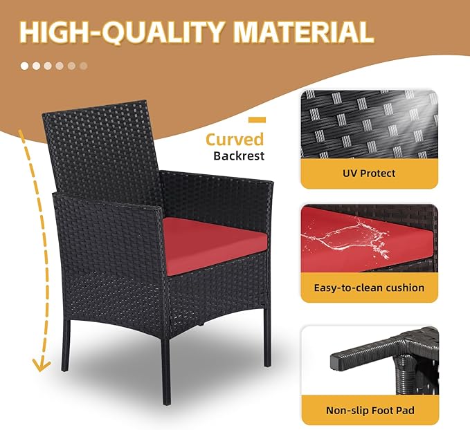Patio Furniture Set 3 Pieces All-Weather Rattan Outdoor Furniture Patio Chairs with Tempered Glass Table for Porch Bistro Balcony Bistro Set(Black/Red)