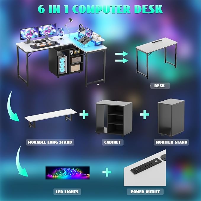 Cyclysio L Shaped Gaming Desk with Wood Cabinet, 58" Large Corner Desk with LED Lights & Power Outlet, Reversible Computer Desk with Monitor Stand, Home Office Desk 2 Person Corner Desk, White Black
