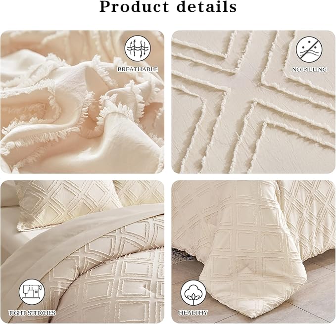 7 Pieces Tufted Bed in a Bag King Comforter Set with Sheets Beige, Soft and Embroidery Shabby Chic Boho Bohemian, Luxury Solid Color with Diamond Pattern, Jacquard Tufts Bedding Set for All Season