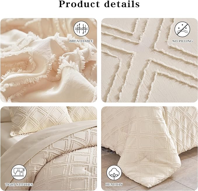 6 Pieces Tufted Bed in a Bag Twin Comforter Set with Sheets Beige, Soft and Embroidery Shabby Chic Boho Bohemian Design, Luxury Solid Color with Diamond Pattern, Jacquard Tufts Bedding Set for Kids