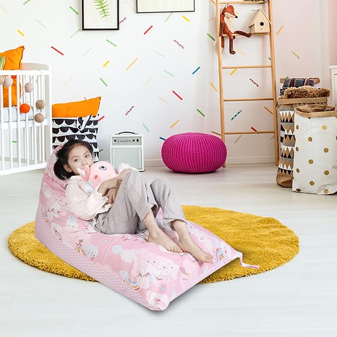 Stuffed Animal Storage Bean Bag Chair Cover, Cotton Pink Unicorn Plush Toy Storage Stuff and Sit Seat for Kids/Teens/Adults, 52" x 31" Extra Large Triangle Floor Sofa, 200L/52Gal, Cover Only