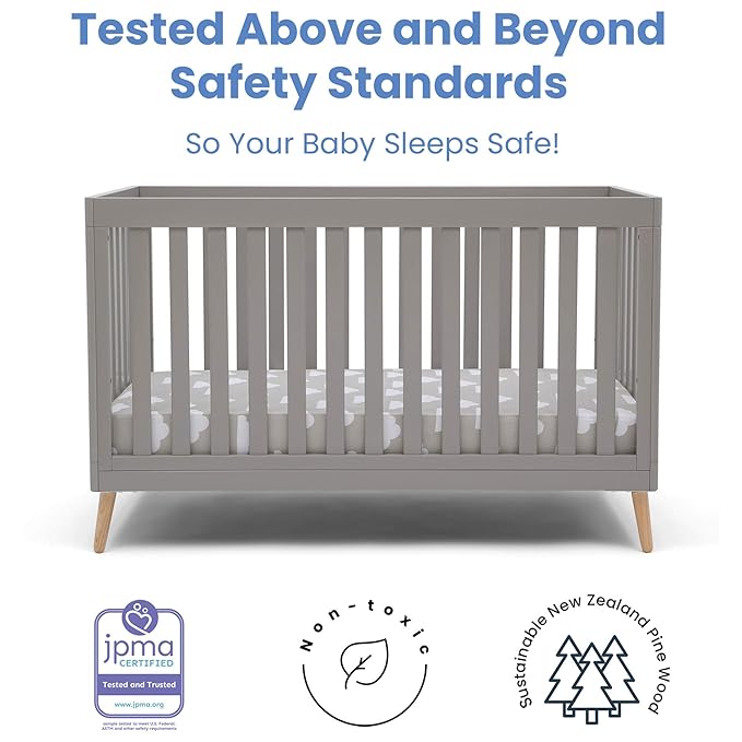 Delta Children Essex 4-in-1 Convertible Baby Crib, Grey with Natural Legs + Delta Children Twinkle Galaxy Dual Sided Recycled Fiber Core Crib and Toddler Mattress (Bundle)