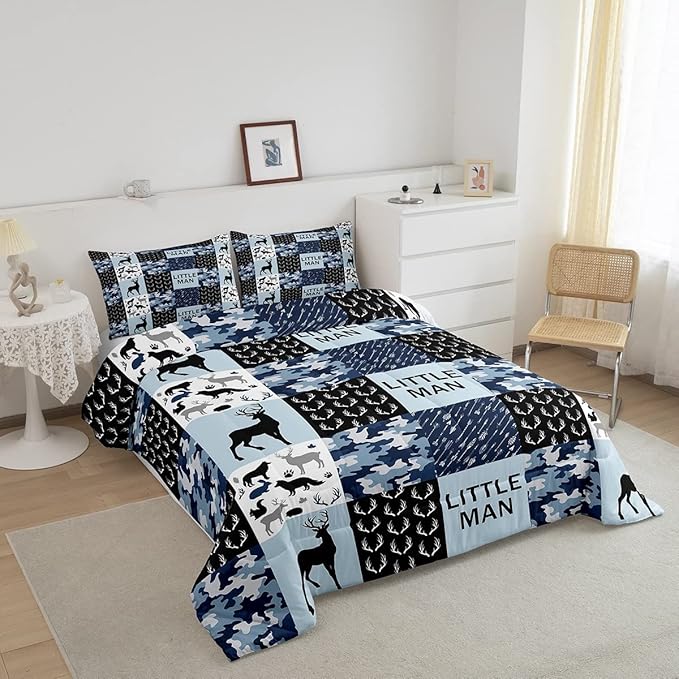 Manfei Camo Deer Antlers Comforter Set King Size Geometric Checkered Patchwork Bedding 3pcs for Xmas Decor, Boho Arrows Animals Quilt Set, Blue Rustic Duvet Insert, 2 Pillowcases (WWS10844GYY-BZ_USk)