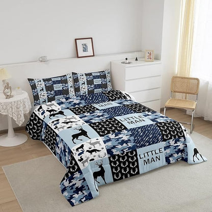 Manfei Camo Deer Antlers Comforter Set Full, Geometric Checks Patchwork Bedding 3pcs for Room Decor, Boho Arrow Animals Quilt Set, Blue Xmas Duvet Insert with 2 Pillowcases (WWS10844GYY-BZ_USf)